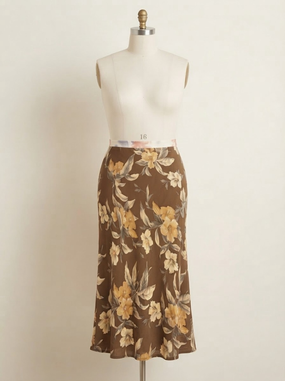 Jones New York Brown Floral Midi Slip Skirt with Yellow Blooms